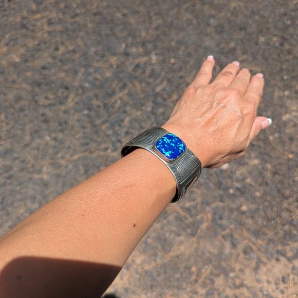 Handmade Native American Azurite Chrysocolla Cuff Nickel Silver Bracelet Sz‎ 7* - Picture 4 of 11